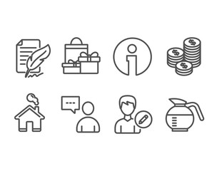 Set of Coins, Edit person and Shopping icons. Users chat, Feather signature and Coffeepot signs. Cash money, Change user info, Holiday packages. Communication concept, Feedback, Brewed coffee. Vector