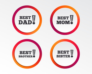 Best mom and dad, brother and sister icons. Award with exclamation symbols. Infographic design buttons. Circle templates. Vector
