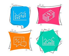 Set of Financial diagram, Usd currency and Discounts icons. Infochart sign. Candlestick chart, Buying commerce, Best offer. Stock exchange.  Flat geometric colored tags. Vivid banners. Vector
