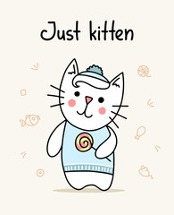 Little cute cat kid with candy. Just kitten flat vector animal illustration poster 