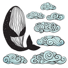 Fototapeta premium Zarys monochromatycznej kolekcji wielorybów i chmur wirowych. Ilustracji wektorowych.