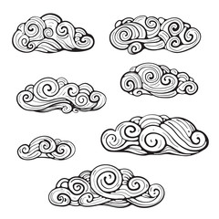 Sophisticated tracery clouds hand drawn design. Vector cartoon.