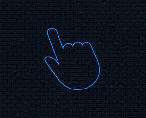 Neon light. Click pointer icon. Hand with finger cursor sign symbol.  Glowing graphic design. Brick wall. Vector
