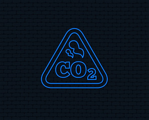 Neon light. CO2 carbon dioxide formula sign icon. Chemistry symbol. Glowing graphic design. Brick wall. Vector