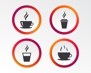 Coffee cup icon. Hot drinks glasses symbols. Take away or take-out tea beverage signs. Infographic design buttons. Circle templates. Vector