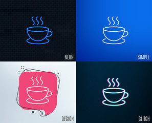 Glitch, Neon effect. Coffee drink line icon. Hot cup sign. Fresh beverage symbol. Trendy flat geometric designs. Vector