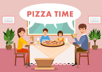 Cartoon happy family is having lunch in restaurant