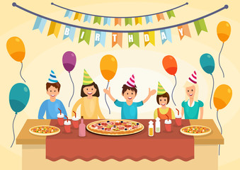Cartoon happy family is eating pizza for birthday