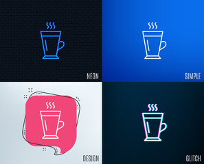 Glitch, Neon effect. Latte line icon. Hot Coffee or Tea sign. Fresh beverage symbol. Trendy flat geometric designs. Vector