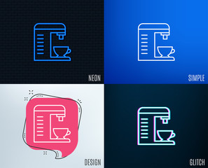 Glitch, Neon effect. Coffee machine line icon. Hot drink sign. Fresh beverage symbol. Trendy flat geometric designs. Vector