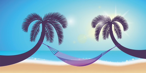 Fototapeta na wymiar hängematte am strand zwischen zwei palmen am sonnigen tag