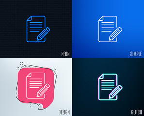 Glitch, Neon effect. Feedback line icon. Page with pencil sign. Copywriting symbol. Trendy flat geometric designs. Vector