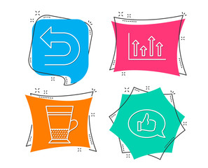 Set of Upper arrows, Undo and Double latte icons. Feedback sign. Growth infochart, Left turn, Tea cup. Speech bubble.  Flat geometric colored tags. Vivid banners. Trendy graphic design. Vector