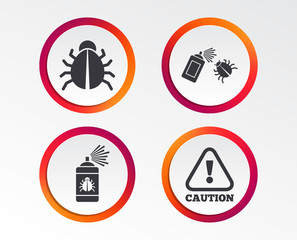 Bug disinfection icons. Caution attention symbol. Insect fumigation spray sign. Infographic design buttons. Circle templates. Vector