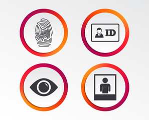 Identity ID card badge icons. Eye and fingerprint symbols. Authentication signs. Photo frame with human person. Infographic design buttons. Circle templates. Vector