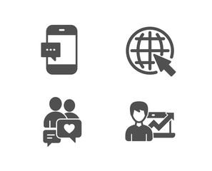 Set of Dating chat, Internet and Smartphone message icons. Success business sign. People love, World web, Cellphone chat. Growth chart.  Quality design elements. Classic style. Vector