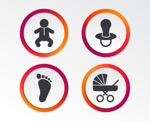 Baby infants icons. Toddler boy with diapers symbol. Buggy and dummy signs. Child pacifier and pram stroller. Child footprint step sign. Infographic design buttons. Circle templates. Vector
