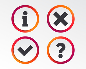 Information icons. Delete and question FAQ mark signs. Approved check mark symbol. Infographic design buttons. Circle templates. Vector