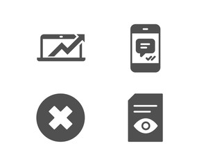 Set of Close button, Sales diagram and Message icons. View document sign. Delete or decline, Sale growth chart, Phone messenger. Open file.  Quality design elements. Classic style. Vector