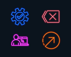 Neon lights. Set of Online education, Service and Remove icons. Direction sign. Internet lectures, Cogwheel gear, Delete button. Navigation pointer.  Glowing graphic designs. Vector