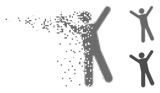 Grey vector man joy icon in dissolved, dotted halftone and undamaged solid variants. Disappearing effect involves rectangular dots. Pieces are composed into dissipated man joy figure.