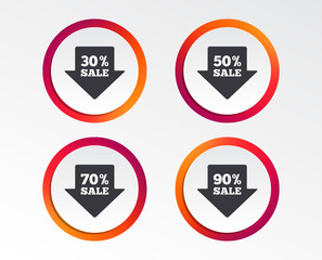 Sale arrow tag icons. Discount special offer symbols. 30%, 50%, 70% and 90% percent sale signs. Infographic design buttons. Circle templates. Vector