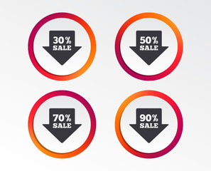 Sale arrow tag icons. Discount special offer symbols. 30%, 50%, 70% and 90% percent sale signs. Infographic design buttons. Circle templates. Vector
