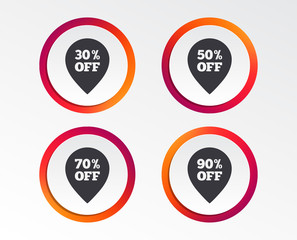 Sale pointer tag icons. Discount special offer symbols. 30%, 50%, 70% and 90% percent off signs. Infographic design buttons. Circle templates. Vector