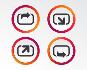 Action icons. Share symbols. Send forward arrow signs. Infographic design buttons. Circle templates. Vector