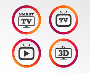 Smart 3D TV mode icon. Widescreen symbol. Retro television and TV table signs. Infographic design buttons. Circle templates. Vector