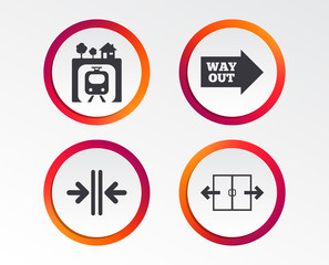 Underground metro train icon. Automatic door symbol. Way out arrow sign. Infographic design buttons. Circle templates. Vector