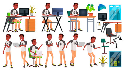 Office Worker Vector. Businessman Worker. Black. African. Poses. Front, Side View. Happy Job. Partner, Clerk, Servant, Employee. Isolated Flat Cartoon Illustration