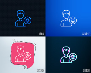 Glitch, Neon effect. User line icon. Profile with Lamp bulb sign. Male Person silhouette with idea symbol. Trendy flat geometric designs. Vector