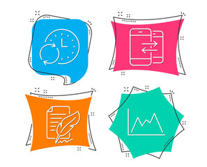 Set of Feather signature, Update time and Phone communication icons. Diagram sign. Feedback, Refresh clock, Incoming and outgoing calls. Growth graph.  Flat geometric colored tags. Vivid banners