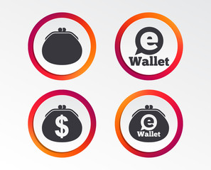 Electronic wallet icons. Dollar cash bag sign. eWallet symbol. Infographic design buttons. Circle templates. Vector