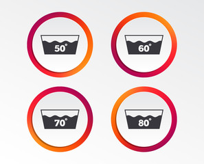 Wash icons. Machine washable at 50, 60, 70 and 80 degrees symbols. Laundry washhouse signs. Infographic design buttons. Circle templates. Vector