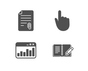 Set of Attachment, Hand click and Marketing statistics icons. Feedback sign. Attach file, Location pointer, Web analytics. Book with pencil.  Quality design elements. Classic style. Vector