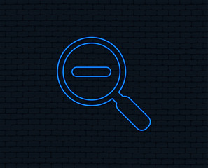 Neon light. Magnifier glass sign icon. Zoom tool button. Navigation search symbol. Glowing graphic design. Brick wall. Vector