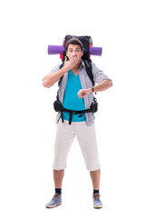 Backpacker with large backpack isolated on white