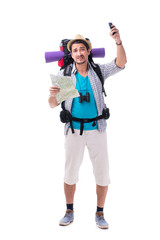 Man lost and looking for direction with map on white