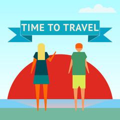 Time to travel. A man and a woman watch the sunrise on the ocean shore. Flat design