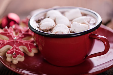 hot chocolate with marshmallow merry christmas background