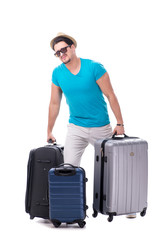 Traveler with much luggage isolated on white background