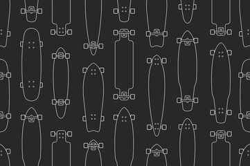 Seamless pattern with skateboards, outline style. isolated on black background © volyk