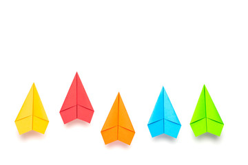 Colorful paper plane on white background, Business competition concept