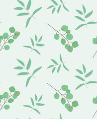 Hand drawn eucalyptus leaves, minimalist seamless pattern. Modern simple background for design package, flyer, invitation, card, banner, wedding, placard, poster, layout, birthday