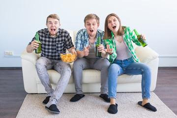 soccer world cup concept - Young friends drink beer and cheering for football