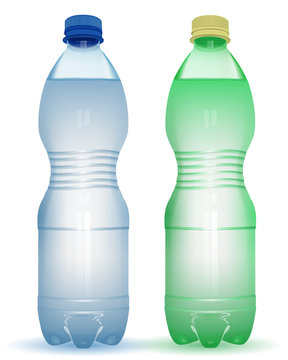 Two realistic plastic bottles with water with close blue cap on white background