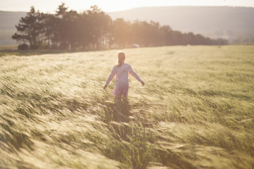 Naklejka na ściany i meble free little child walking among summer field of wheat outdoor leisure lifestyle