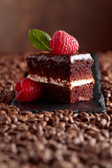 Closeup of chocolate cake with raspberry and mint .
